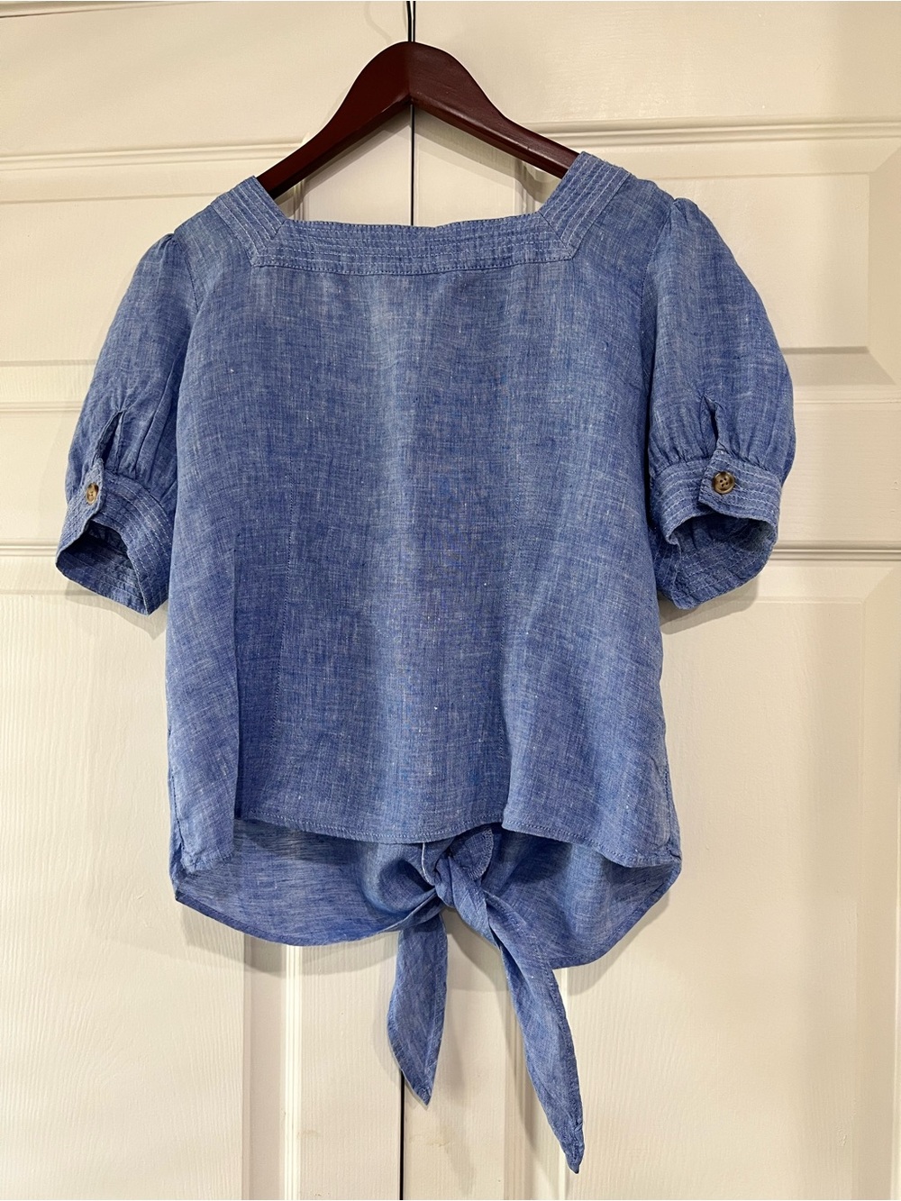 Talbots Chambray Puff-Sleeve Tie-Hem Blouse - Picture 3 of 5